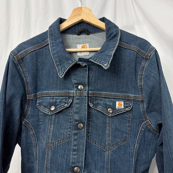 Carhartt Jean Jacket Womens Large Blue Denim Snap Button Chore Work Coat - Picture 5 of 12